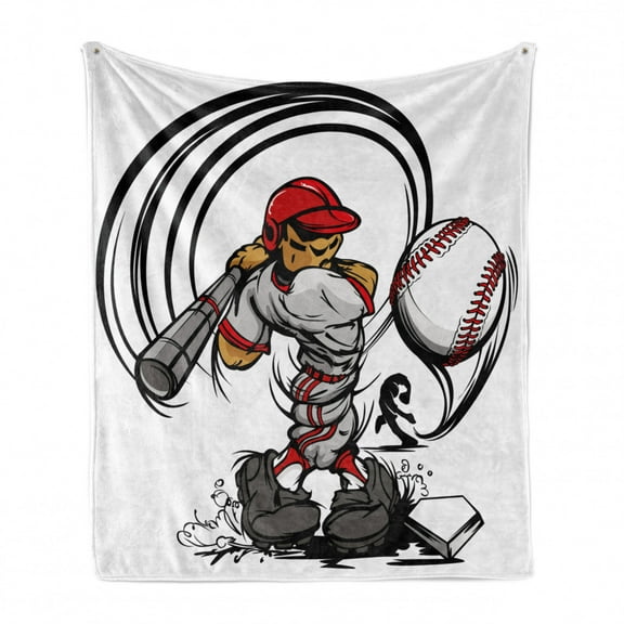 Teen Room Soft Flannel Fleece Throw Blanket, Baseball Cartoon Style Player Hitting the Ball Boys Kids Caricature Print, Cozy Plush for Indoor and Outdoor Use, 50" x 60", Grey Red White, by Ambesonne