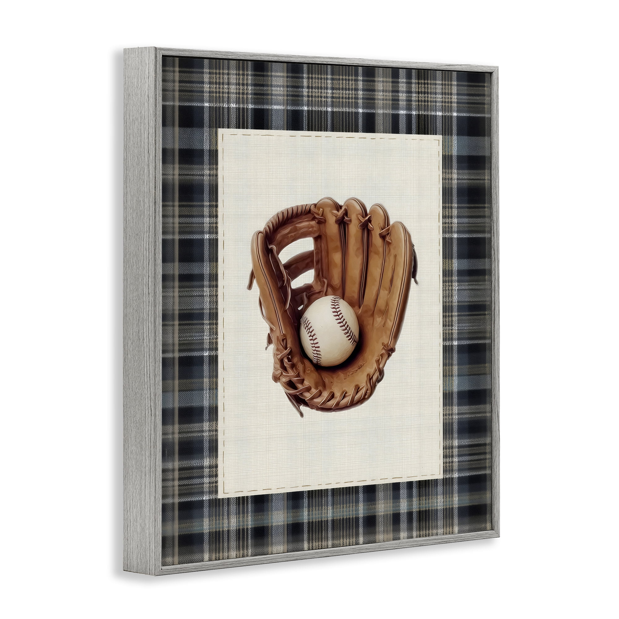 Stupell Industries Baseball Glove with Plaid Gray Framed Giclee Art, design by Arlington Prints
