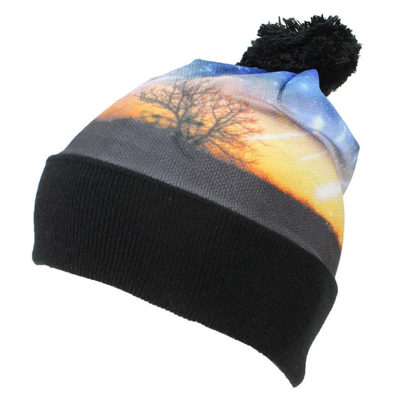 Best Winter Hats Adult Sublimation Print Cuffed W/Pom Pom - Black W/Sunset Skies