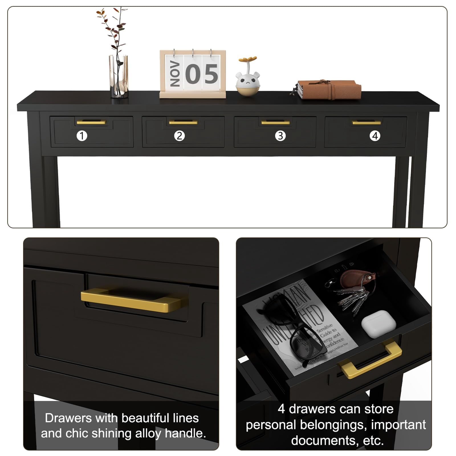 Kinsuite Black Entryway Table with 4 Drawers - Modern Console Table with 1 Bottom Shelf Living Room Furniture Wood Hallway Table Entryway Table for Living Room Bedroom Kitchen, Black
