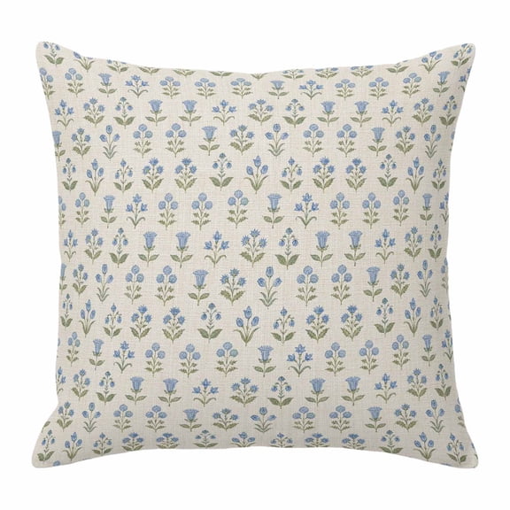 Throw Pillow Covers 18x18 Inch, Blue Flowers Decorative Pillow Cases for Couch Sofa Bed, Nature Seasonal Botanical Floral Herbs Cotton Linen Square Home Decor Pillowcases with Hidden Zipper