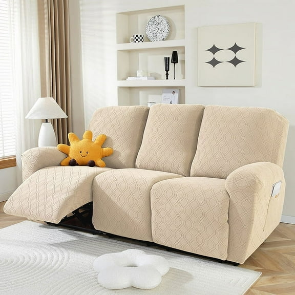 Namzi Couch Cover Stretch Sofa Covers Jacquard Geometry Reclining Chair Cover for Living Room Sofa Easy Fit Washable Furniture Sofa Protector 3 seat (Beige)