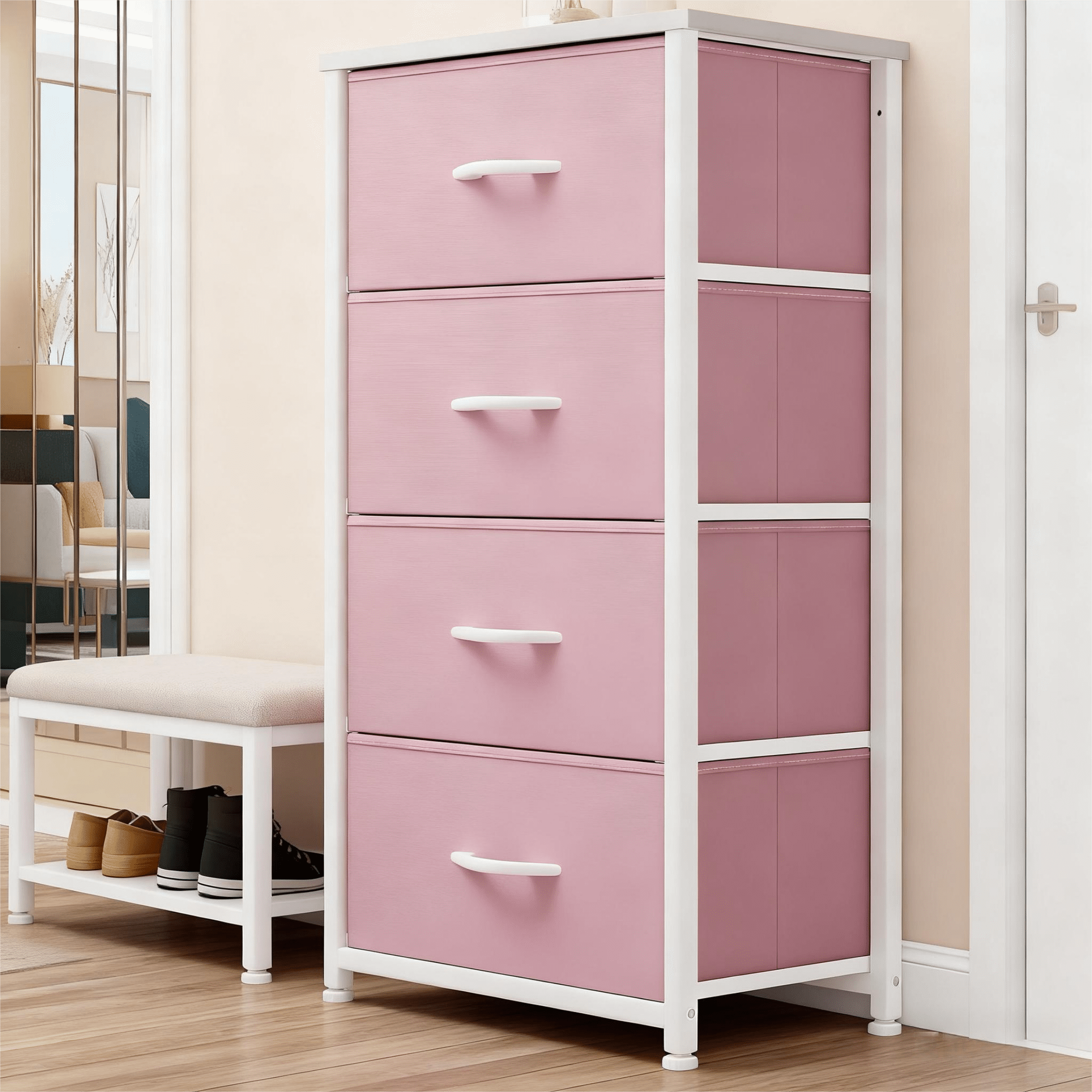 CONCETTA 4 Drawer Dresser, Wide Chest Drawers Nightstand Storage Tower Storage Fabric Dresser With Wood Top for Living Room, Bedroom, Closet, Pink