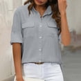 thumbnail image 4 of Htigea Womens Cotton Linen Button Down Shirts Short Sleeve Collared V Neck Tops Summer Beach Vacation Tee with Pockets Gray XL, 4 of 6