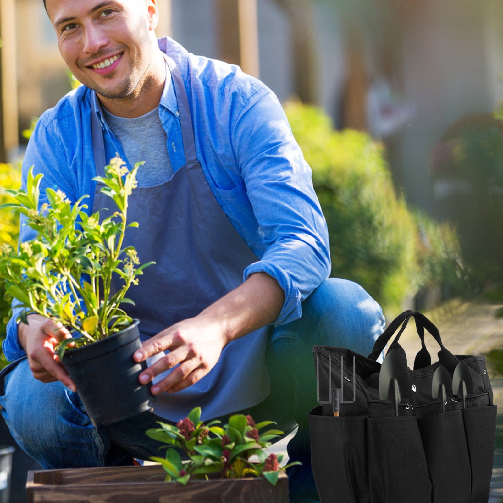 PBPBOX Garden Tool Bag Black Oxford Fabric Durable Tote Organizer with Multiple Compartments for Easy Storage