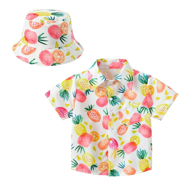 MIASHUI Boys Button Down Shirts Summer Short Sleeve Graphic Print Tops with Hat,Yellow,3-4 Years