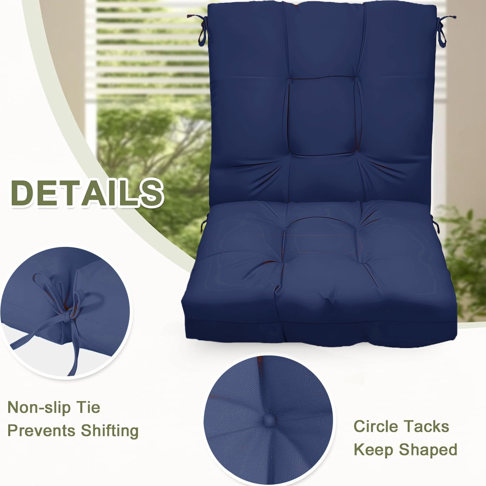 Outdoor High Back Chair Cushions Set of 2, 42"x21"x4" Tufted Waterproof Patio Cushion for Rocking & Dining Chairs, Soft Seat Pad with Ties, Fade-Resistant Indoor Outdoor Use