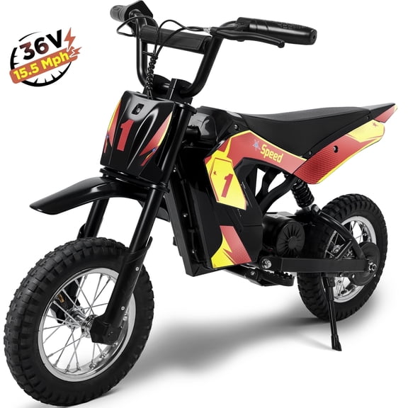 Wisairt 36V Kids Electric Dirt Bike, 15.5 mph High-Speed Electric Motorcycle Ride on Dirt Bike for Kids Aged 5-10, 133 lbs Max Load, 10-mile Range, Waterproof Seat, Twist Grip Throttle, Red & Gold