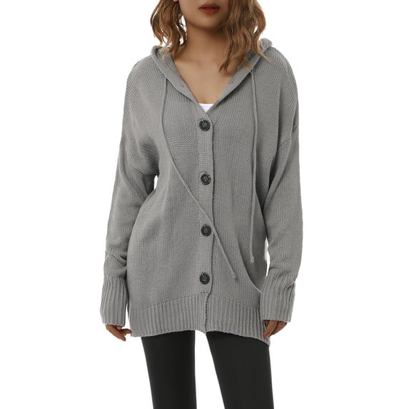 Seyurigaoka Women Juniors Fashion Solid Color Long Sleeve Hooded Knitted Cardigan