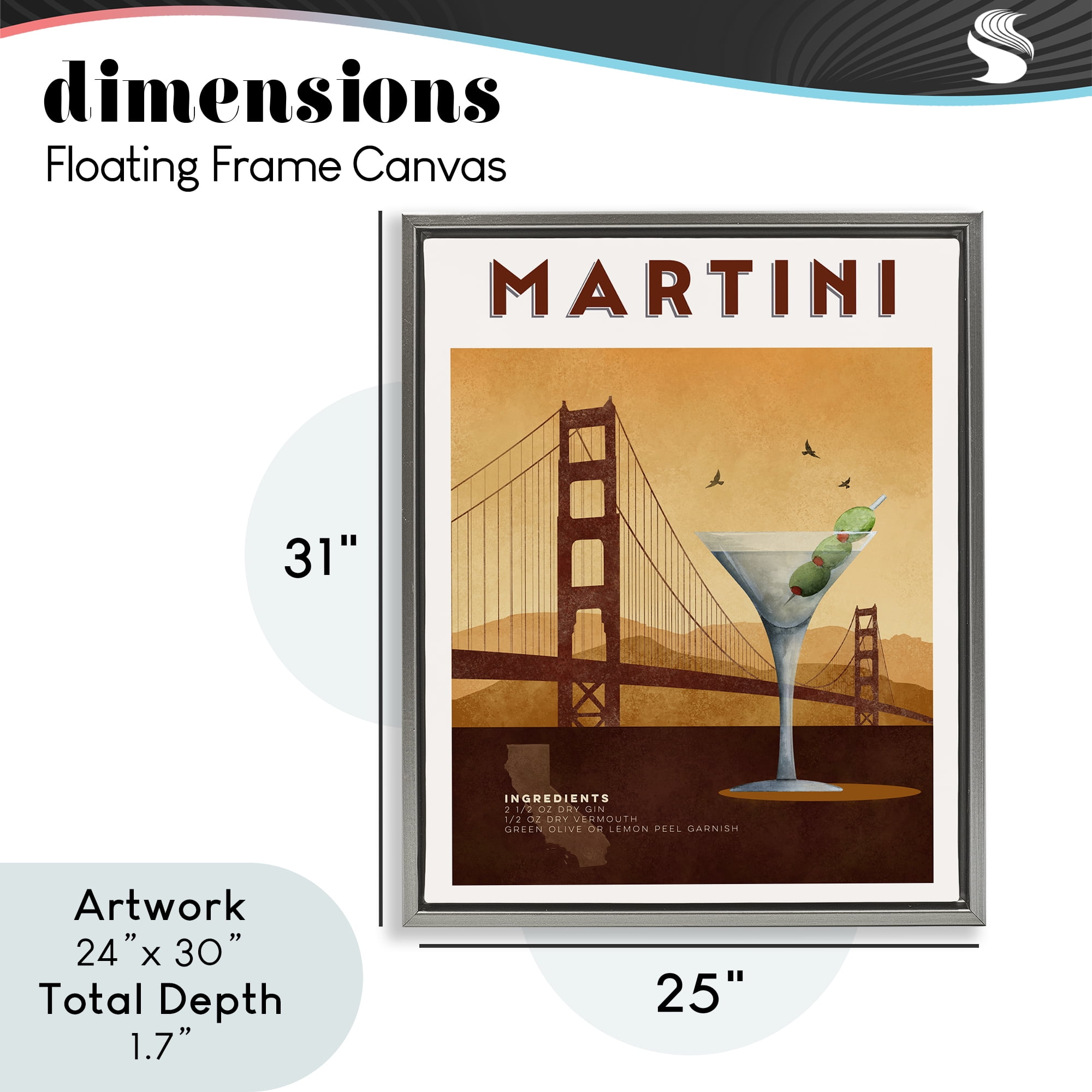 Retro Martini & Bridge View Gray Framed Floater Canvas Wall Art, design by Brett Blumenthal