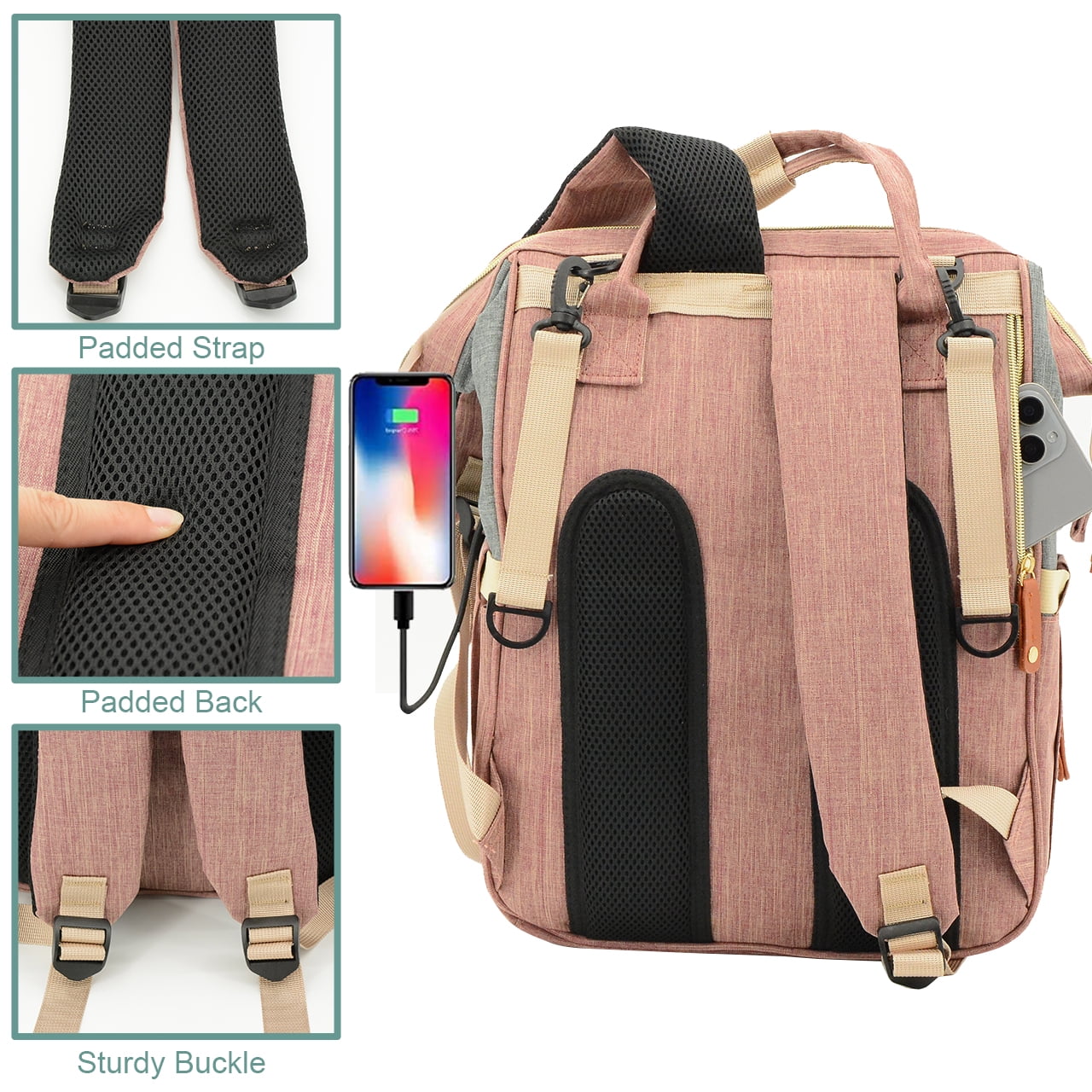 DERSTUEWE Baby Diaper Bag Backpack, Multifunctional Waterproof Portable Baby Bag for Travel， Pink Grey