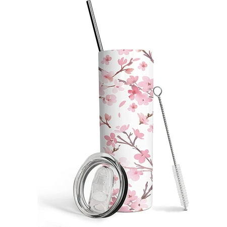 

Floral Cherry Blossom Skinny Tumbler with Straw and Lid 20 oz Double Wall Stainless Steel Vacuum Insulated Coffee Wine Tea Travel Mug Gifts for Women Pink