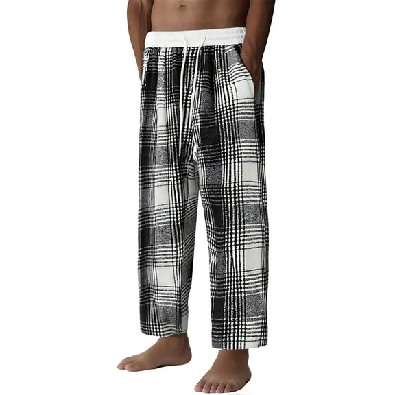 Mens Plaid Print Pajama Pants Loose Flannel Cotton Wide Leg Drawstring Elastic Waist Sleepwear Trouser Pjs Bottoms (L, Black)