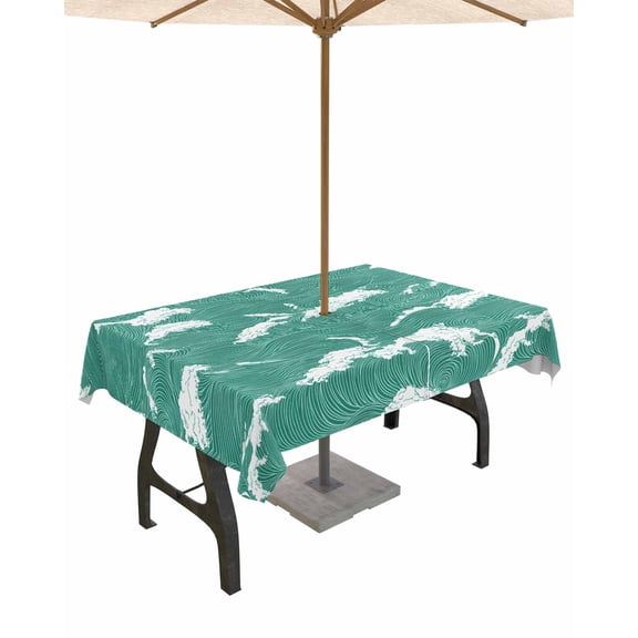 Outdoor Tablecloth with Umbrella Hole for Patio/Picnic/Party/Camping, Green White Ocean Waves Waterproof Table Cloth Rectangle Table Cover Washable, Coastal Abstract Art Moire 60"x 84"