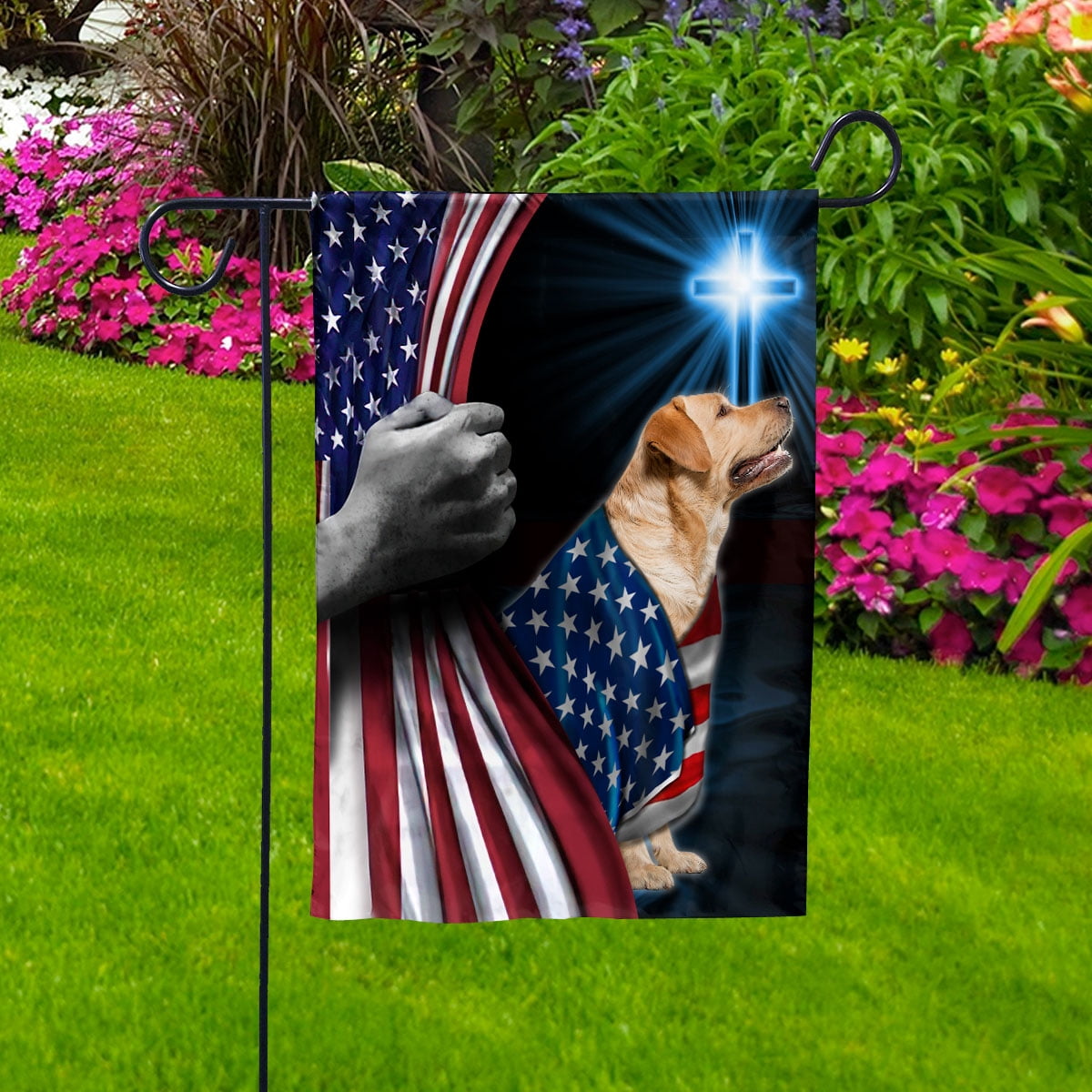 Hand Pulling USA Flag Labrado Dog Wearing Flag American Standing under Cross Christian Patriotic House Flag (3x5) Double Sided- Premium Polyester-Decorative Indoor Outdoor Flag