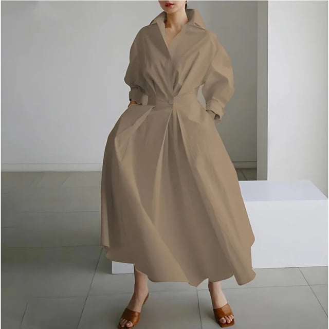 Women's Polo Collar Long Sleeve Maxi Dress - Ankle-Length, Elastic, Button Detail, Polyester