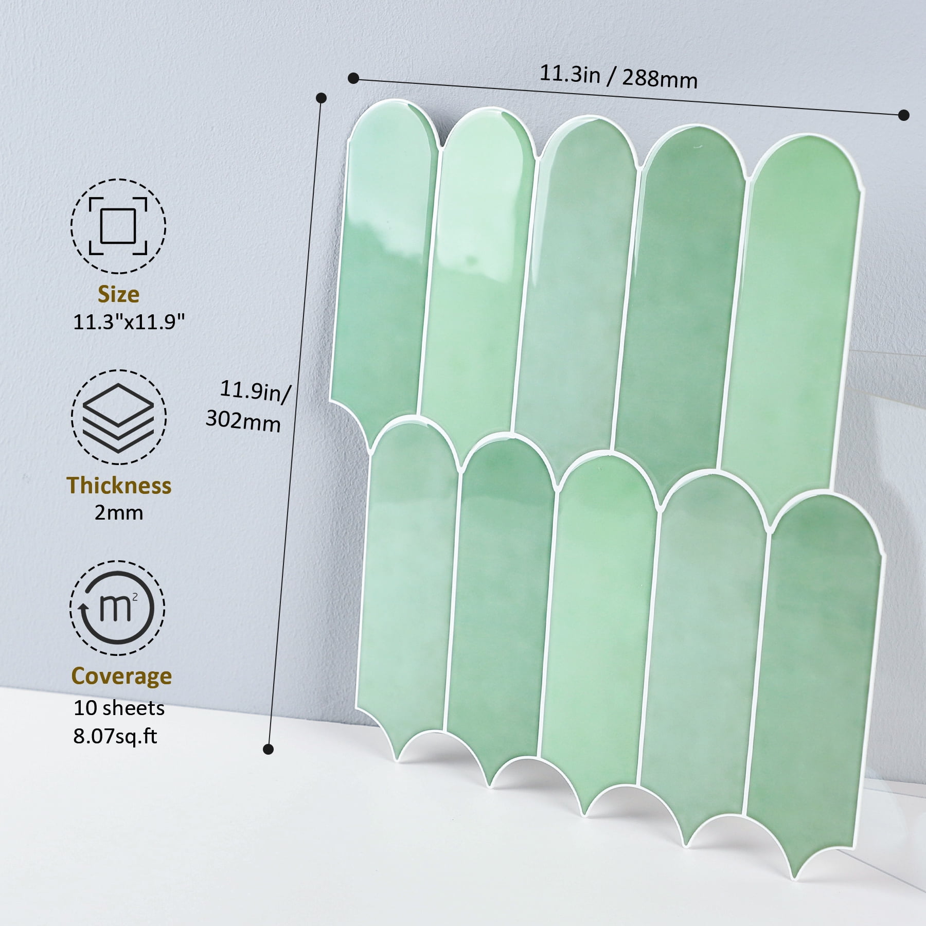 Peel and Stick Backsplash Feather Tile, Sage Green Self Adhesive Wall Tiles for Kitchen Bathroom