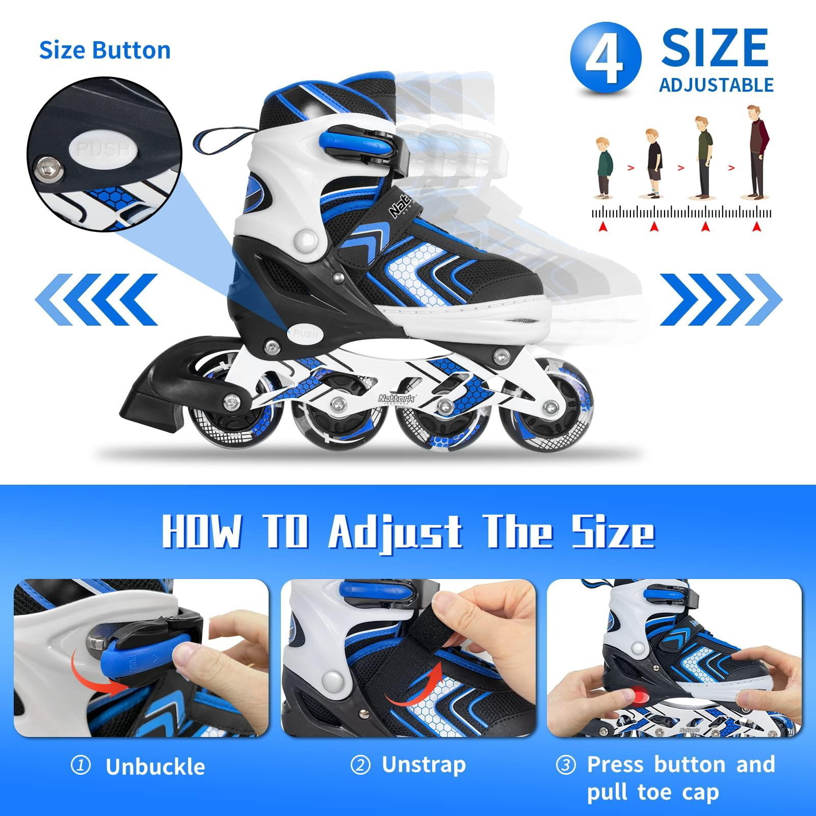 MammyGol Light Up Skates for Kids Girls Boys，Adjustable Inline Skates Youth Beginner Outdoor Blue 9-12