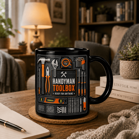 Handyman Toolbox Mug, Black Tool Lover Coffee Cup Gift for Dad, Contractor, DIY Fix-It Guy