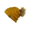 thumbnail image 3 of NYFASHION101 Exclusive Soft Stretch Cable Knit Faux Fur Pom Pom Beanie Hat - Mustard, 3 of 4