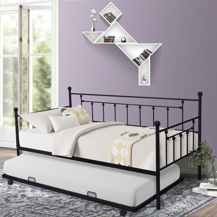 Twin Trundle Bed Sofa 4 Casters Mattress Platform Metal Daybed Color Black 