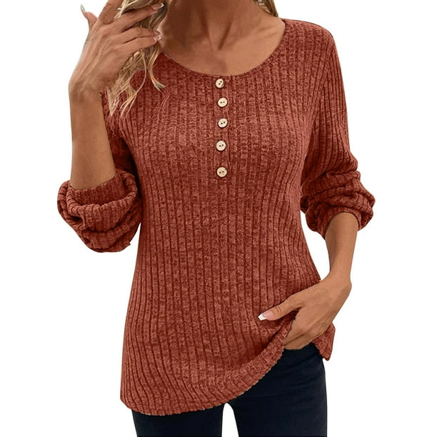 Gibobby Blusas De Manga Larga Para Mujer Nueva camiseta de manga larga con retazos de botones de color sólido molido a y cuello redondo para mujer(Rojo, M)