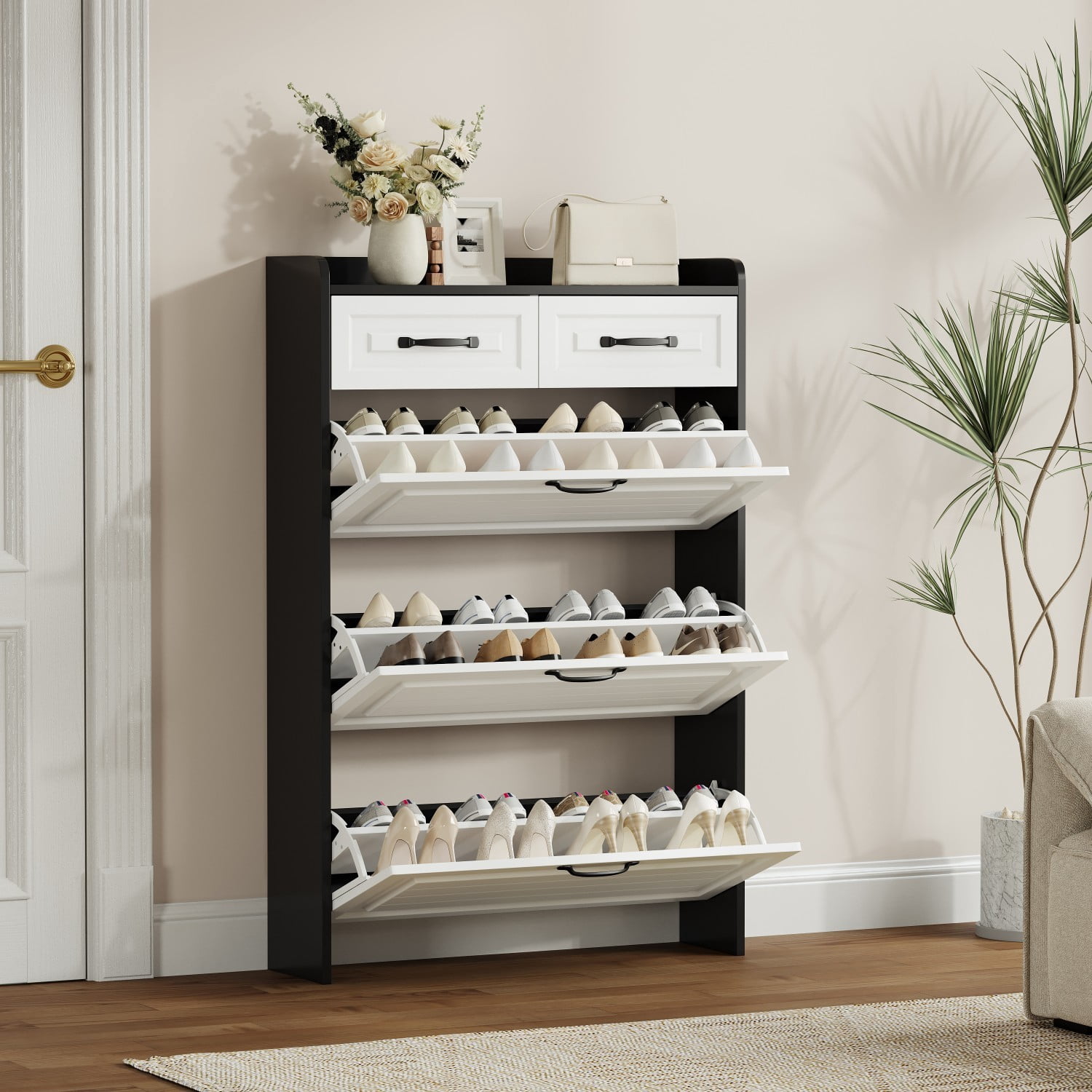 White & Black Shoe Cabinet with 3 Flip Drawers and 2 Storage Drawers, Modern Entryway Shoe Organizer Cabinet