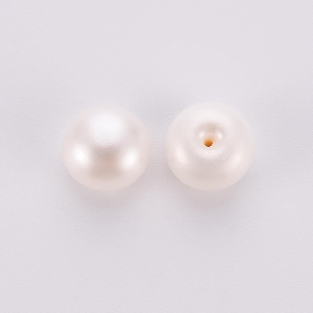 Grade AAA Natural Cultured Freshwater Pearl Beads Half Drilled Flat Round White 9~9.5x6.5mm Half Hole: 1mm