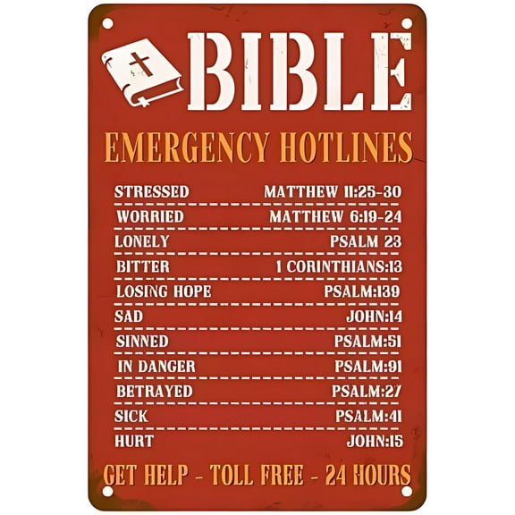 Bible Emergency Hotlines 8"x12" Metal Tin Sign, Funny Religious Sign, Home Office Christian Bible God Garage Decor