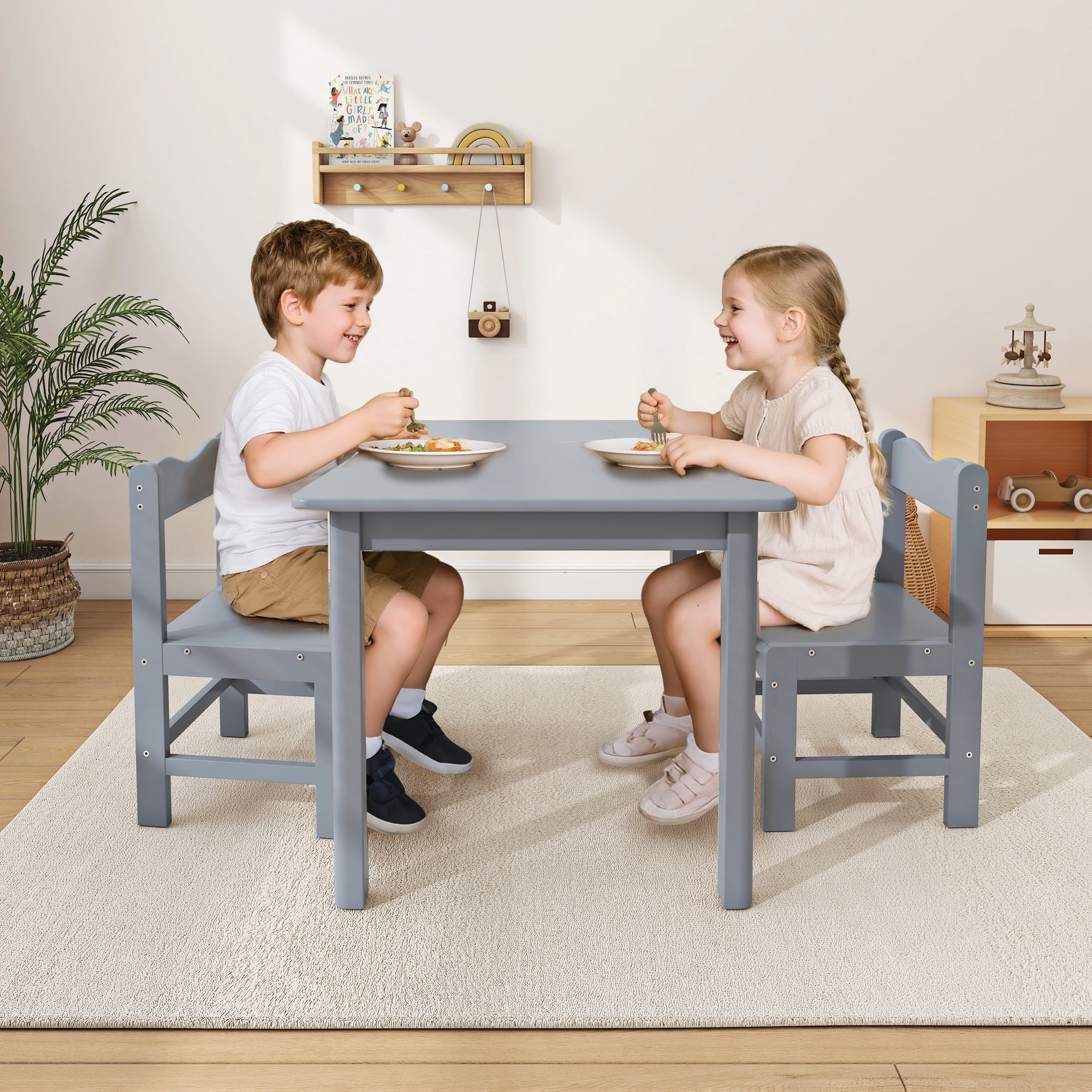 UNICOO® Wooden Kids Table and Chairs Set – 3-Piece Hard Wood Toddler Table with 2 Chairs – Playroom & Classroom Kids Desk and Chair Set for Arts, Crafts, Reading, Snacks (Gray)