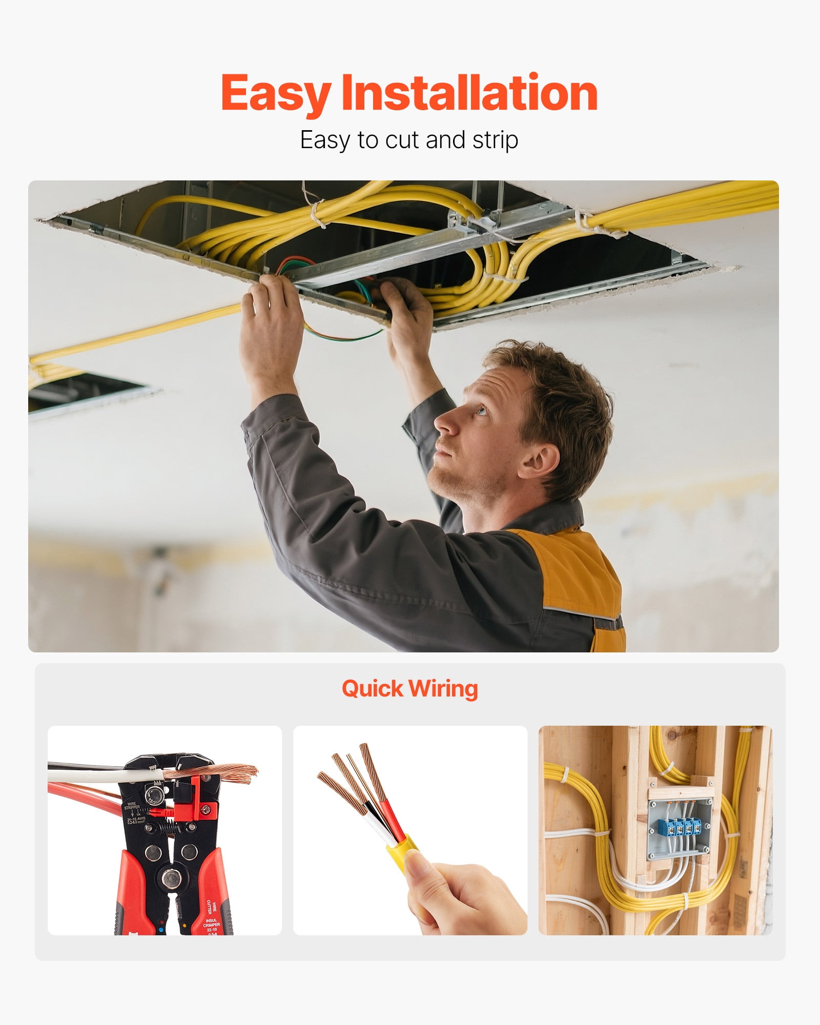 VEVOR NM-B Wire, 6AWG/3C Non-Mettalic Residential Indoor Electrical Wire with Ground, PVC Sheathed High-Purity Copper Core Cable, for Outlets, Switches, Other Loads & Lighting Wiring Projects