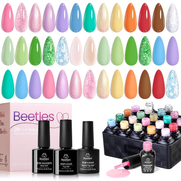 Set de esmaltes de uñas en gel Beetles, 20 colores, con capa base