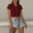 thumbnail image 2 of Women Short Sleeve Turn Down Collar T Shirt Slim Fit Pure Color Button Up Rib Knit Short Top for Dating Burgundy S, 2 of 8