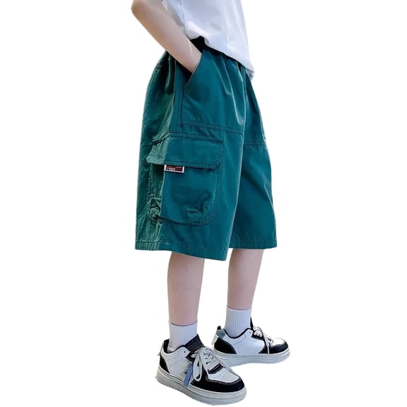 Boys Lightweight Solid Cargo Knee Length Shorts, Elastic Waist Multi Pocket Loose Fit Kids Utility Shorts for Summer School Outdoor Daily Home Casual Wear(Green,5-6 Years)