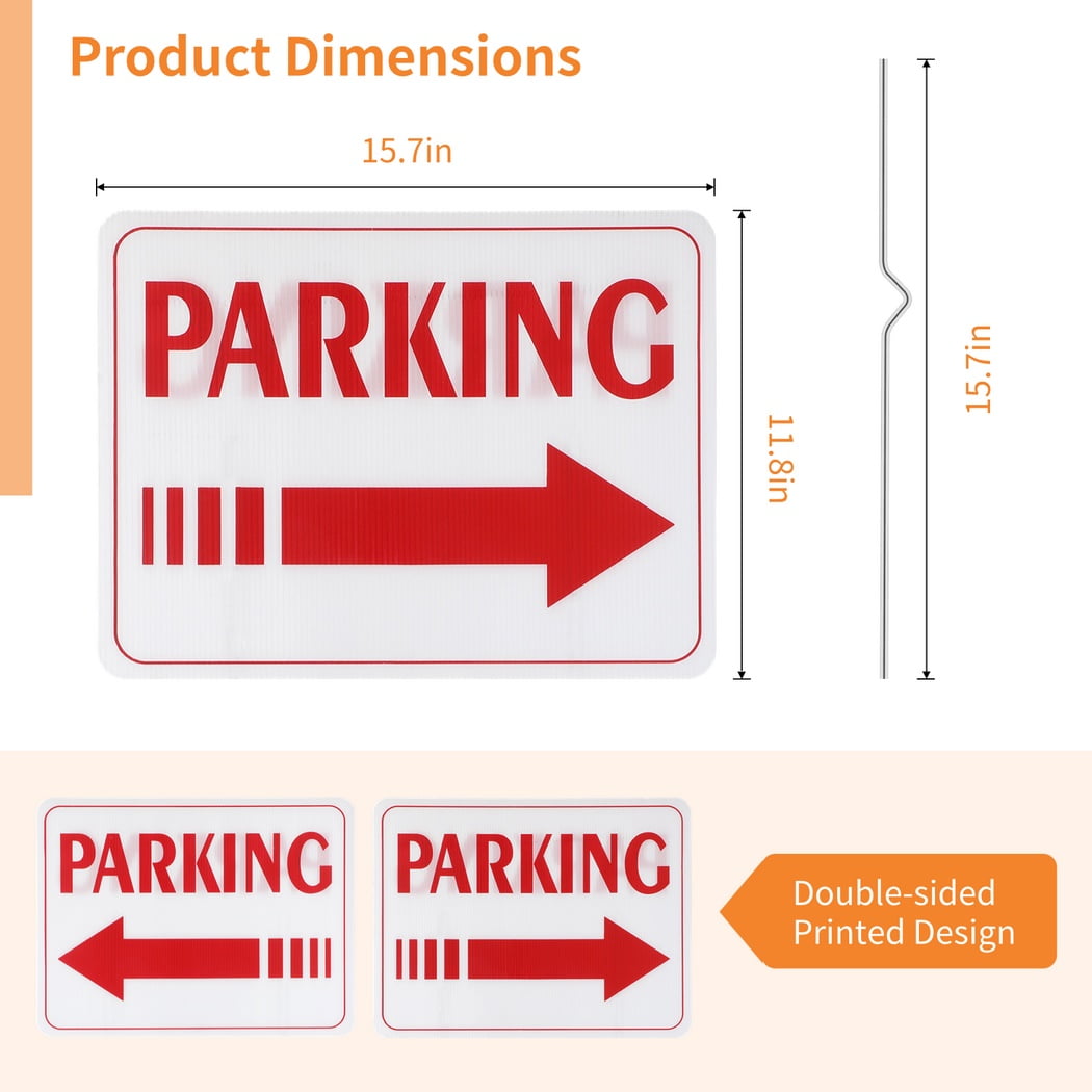 6 Pcs Outdoor Event Parking Signs, Plastic Guest Red "Parking" Sign, Weatherproof Yard Signs with Metal Stakes, Double-sided Printed Parking Sign, Directional Signage with Indicating Arrow