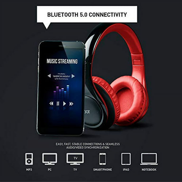iJoy ISO Bluetooth 5.0 Wireless Over Ear Foldable Stereo Headphones with 30 Hours Battery and Built in Microphone Black Red