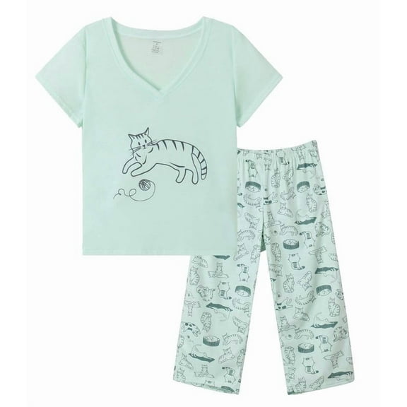 MyFav Women's Capri Pajama Sets Plus Size Sleepwear Top with Capri Pants 2 Piece Loungewear Set,Green Cat,M