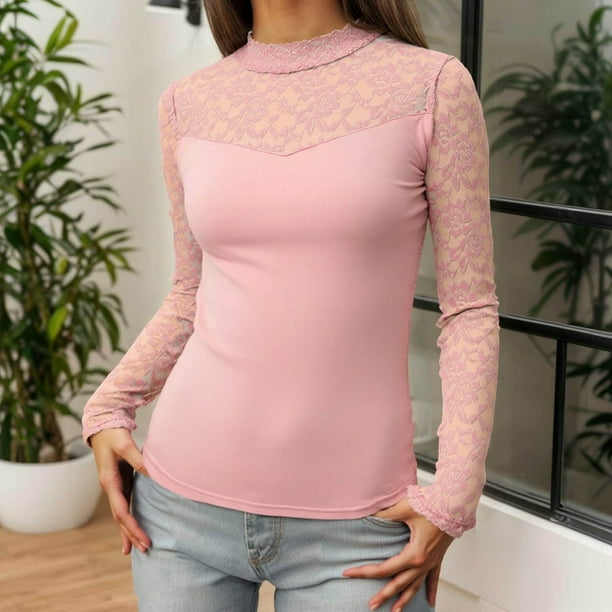 MHFRRA Camiseta de Manga Larga de Color, Informal, de Moda, Básica, con Cuello Redondo, para Uso Diario Rosa