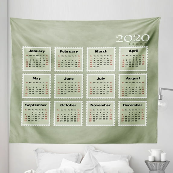 Calendar 2020 Tapestry, Moths of the Year in Classic Look Stamp Shaped Frames Print, Fabric Wall Hanging Decor for Bedroom Living Room Dorm, 5 Sizes, Pale Sage Green Red Black, by Ambesonne