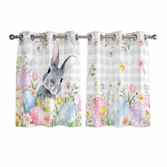 Easter Kitchen Curtains Window Panels, Spring Rabbit Eggs Flowers Leaves Grey Plaid Insulated Window Treatment Curtain, Grommet Curtains for Bedroom/Living Room/Bathroom, 2 Piece 52"Wx45"L