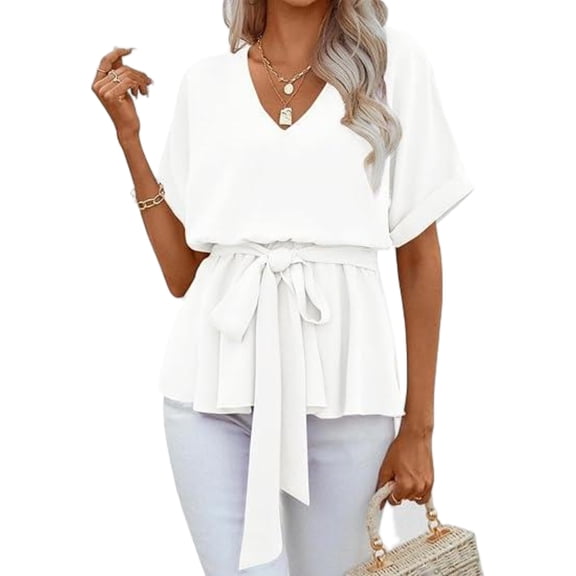 Women Summer V Neck Shirt Short Sleeve Tie Casual T Shirt Top