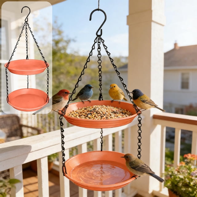 comedero para pájaros de doble capa, para exteriores, colgante, de plástico, para agua y comida. Comedero colgante naranja visto de frente con dos platos redondos apilados (22x3 cm cada uno) y cadena negra de 50 cm; plato superior con mezcla de semillas y plato inferior con agua, acabado plástico liso; varias aves posadas en los bordes, instalado en un porche exterior, ideal para jardín y patio y a menudo usado para alimentar y dar agua a aves silvestres.
