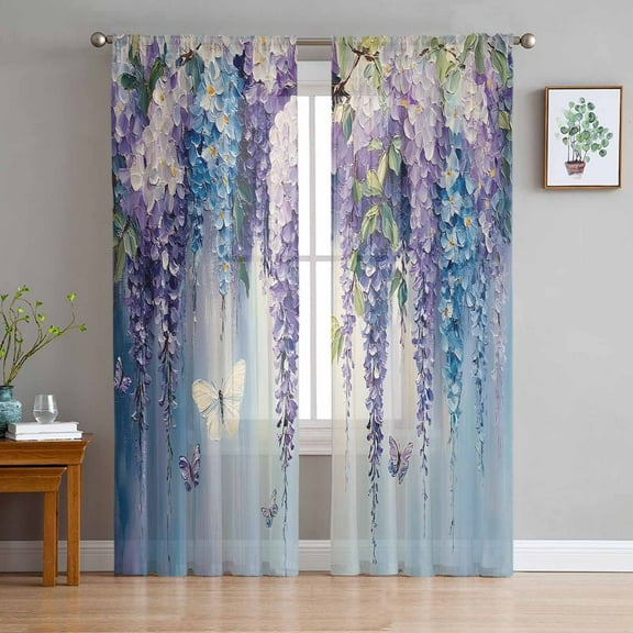 Purple Blue Botanical Sheer Curtains 63 Inches Length 2 Panels Set, Window Sheer Curtains for Living Room/Bedroom, Spring Floral Oil Painting Light Filtering Rod Pocket Curtain 52'' x 63'' x 2