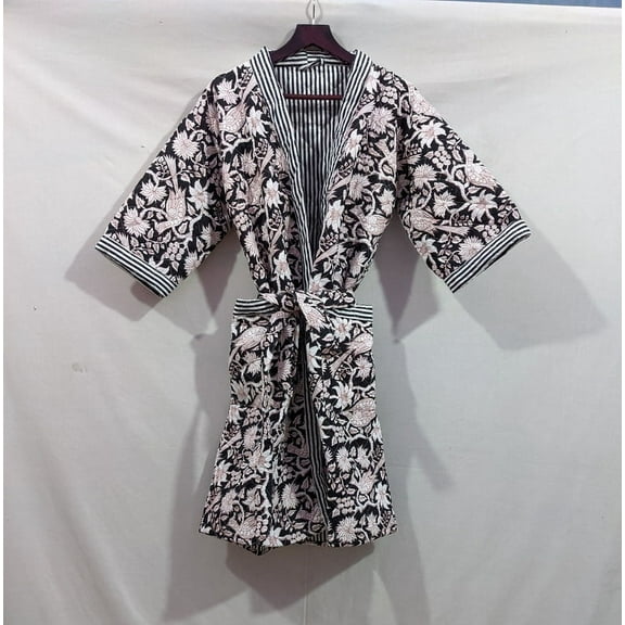 NITIN TEXTILES Kimono Jacket Women's Floral Printed Cotton Sleepwear Robe, Black 1-Pack