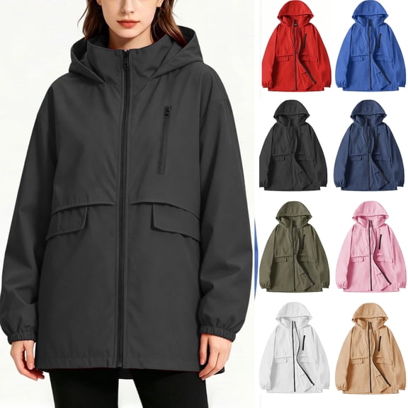 Tsivenald Women's Solid Color Hooded Long Sleeved Windproof Outdoor Sports Hiking Zipper Jacket With Pockets, Black S-3XL