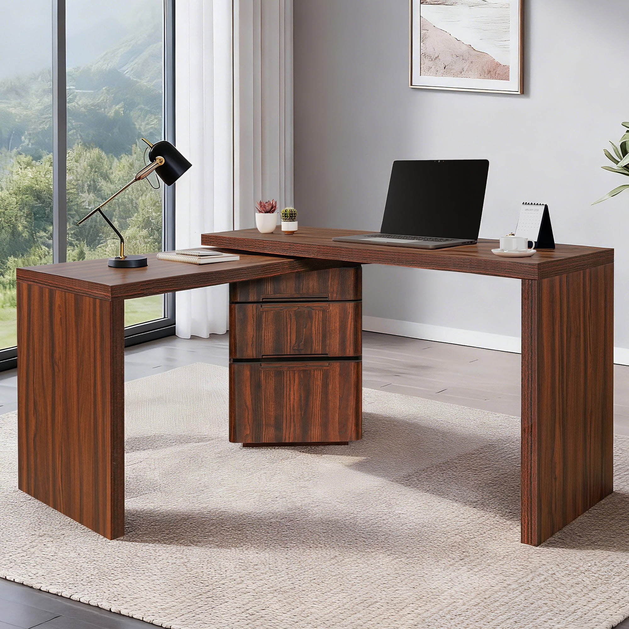 90" L Shaped Desk with 3 Drawers, 360° Rotating Corner Desk, Modern Executive Office Desk in Walnut, for Home Office Living Room Study Workstation