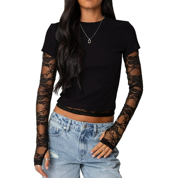 Women'S T-Shirt Slim Fit Lace Panel Sleeves Crop Top with Thumb Hole Round Neck Y2K Style for A Trendy Look Black XL