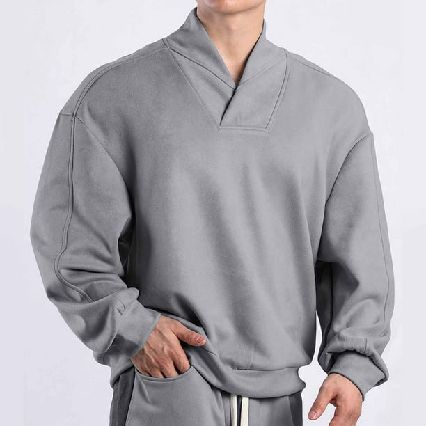 Blusas y camisas de manga larga con cuello en V para hombre, blusa informal de manga larga con cuello en V, blusa de color liso, blusa de poliéster para hombre