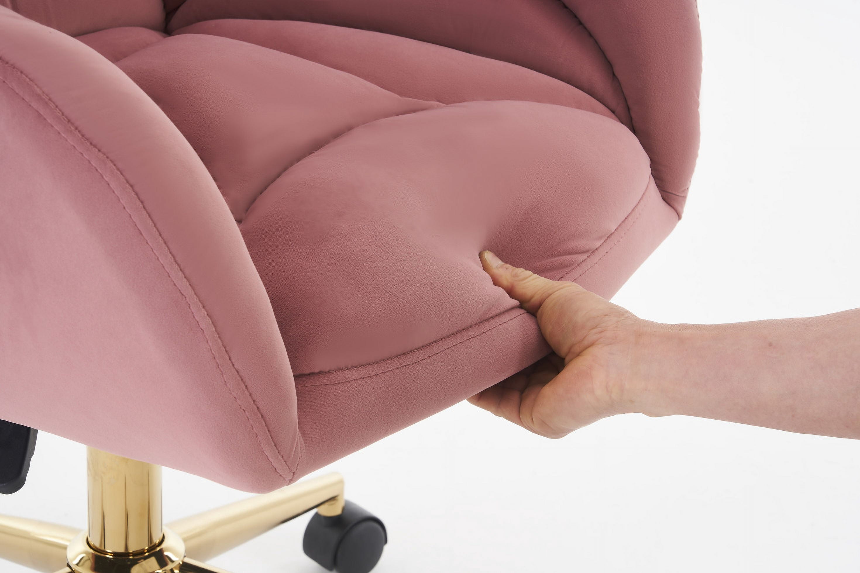 Velvet Office Desk Chair with Gold Metal Base, 360 Degree Swivel Upholstered Vanity Chairs with Arms, Modern Swivel Rolling Chair for Living Room Bedroom, Pink