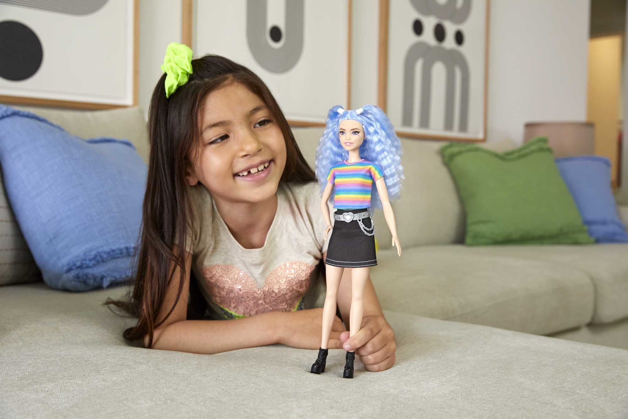 Barbie Fashionistas Doll #170 with Long Blue Crimped Hair, Star Face Makeup in Striped Tee - image 3 of 7